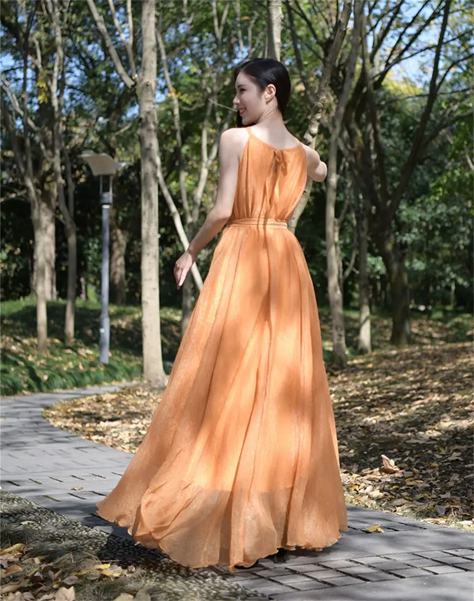 Travel Photo Desert Long Dress Women's New Summer Large Swing Chiffon Dress Elegant Belt Slimming Seaside Holiday Beach Dresses