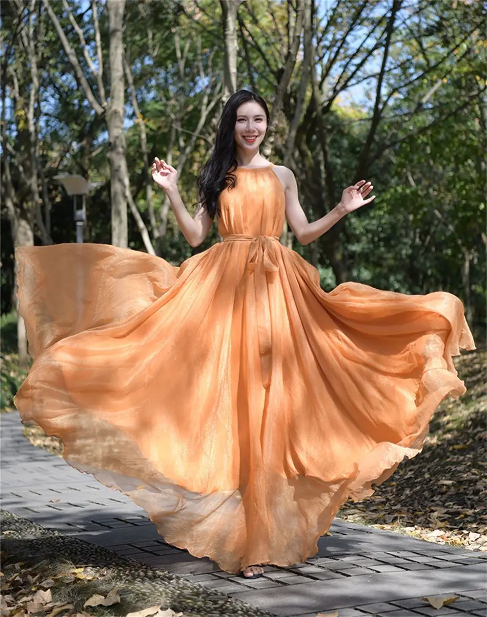 Travel Photo Desert Long Dress Women's New Summer Large Swing Chiffon Dress Elegant Belt Slimming Seaside Holiday Beach Dresses