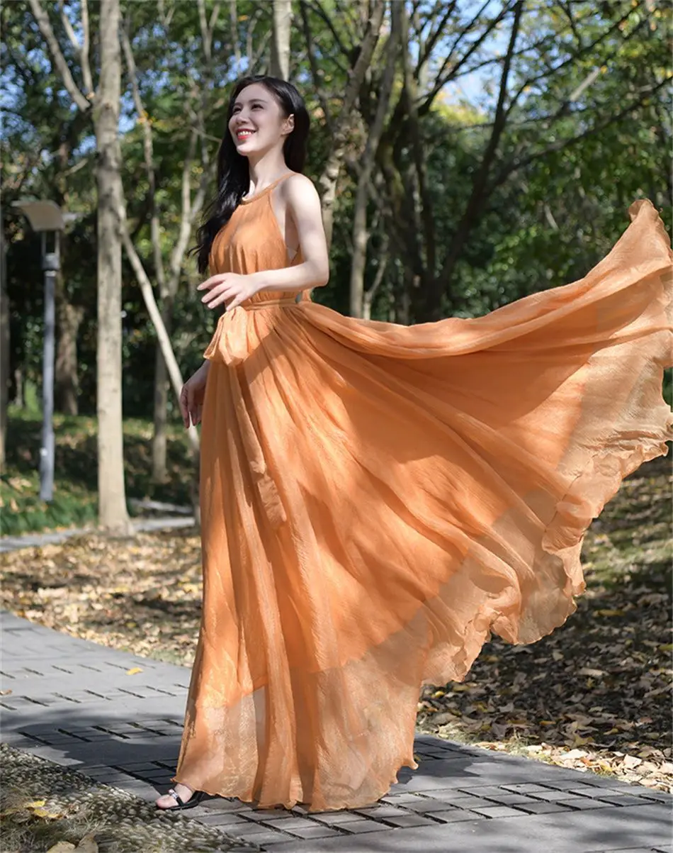 Travel Photo Desert Long Dress Women's New Summer Large Swing Chiffon Dress Elegant Belt Slimming Seaside Holiday Beach Dresses