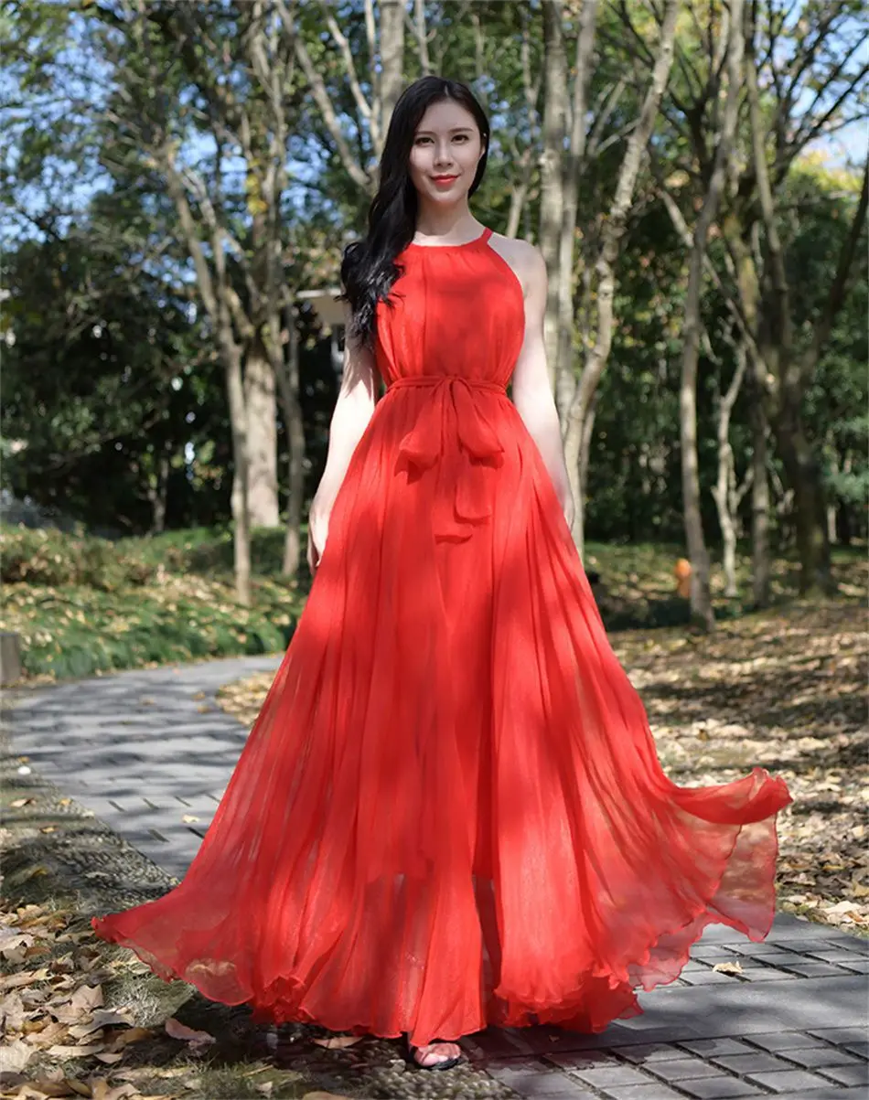 Travel Photo Desert Long Dress Women's New Summer Large Swing Chiffon Dress Elegant Belt Slimming Seaside Holiday Beach Dresses