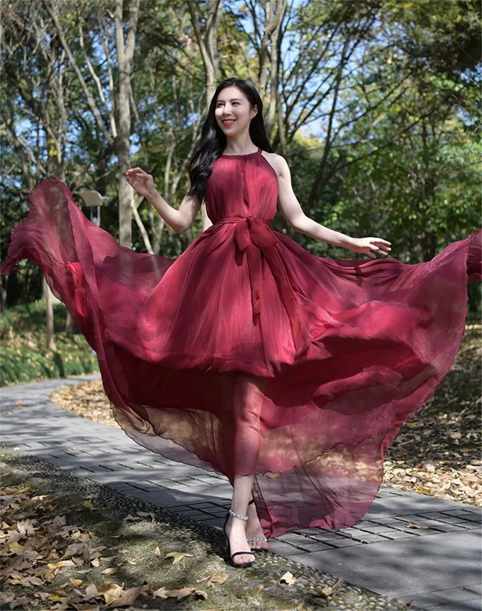 Travel Photo Desert Long Dress Women's New Summer Large Swing Chiffon Dress Elegant Belt Slimming Seaside Holiday Beach Dresses