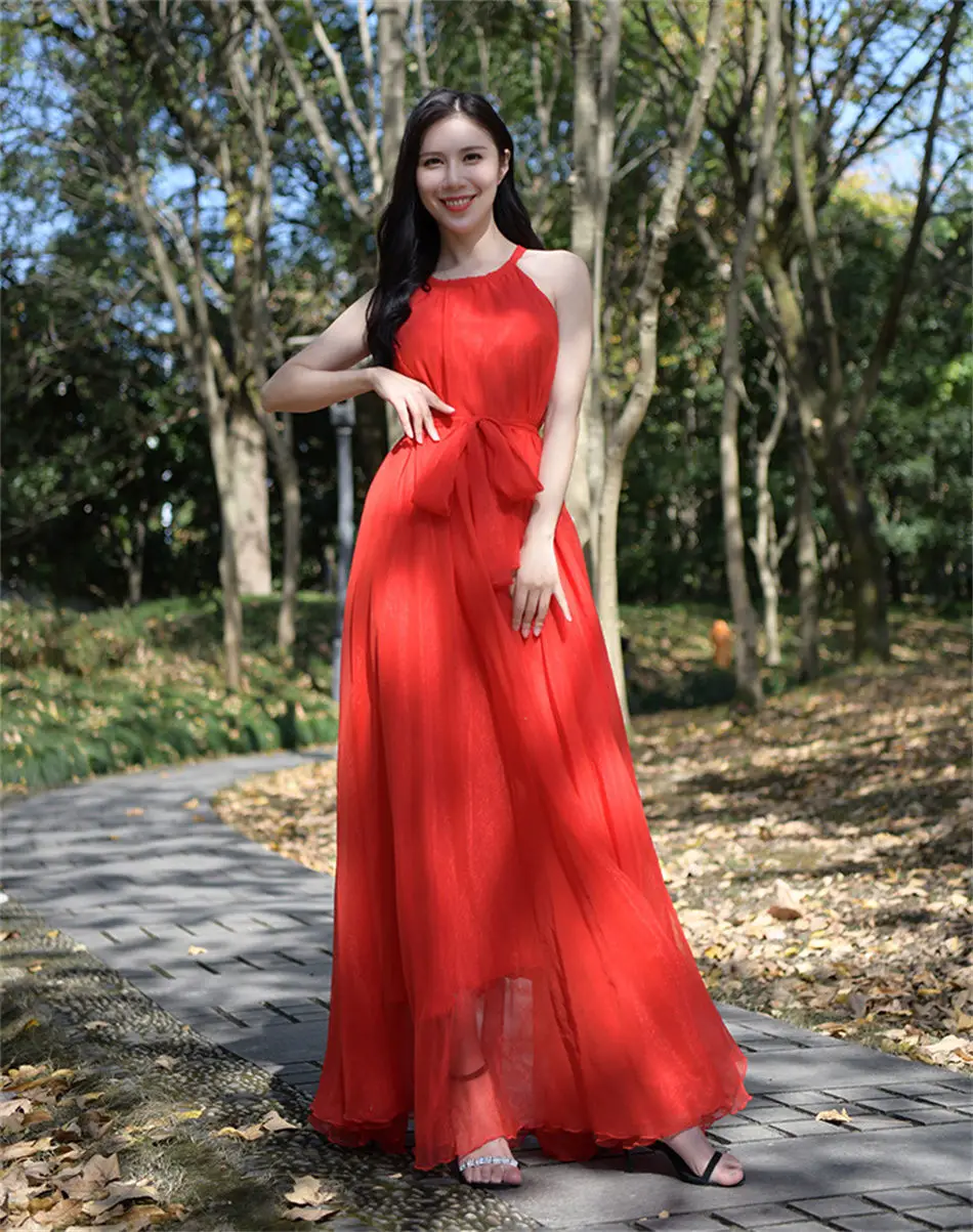 Travel Photo Desert Long Dress Women's New Summer Large Swing Chiffon Dress Elegant Belt Slimming Seaside Holiday Beach Dresses