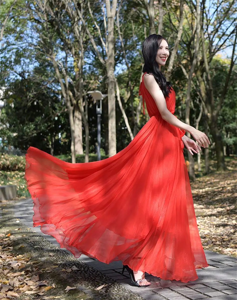 Travel Photo Desert Long Dress Women's New Summer Large Swing Chiffon Dress Elegant Belt Slimming Seaside Holiday Beach Dresses
