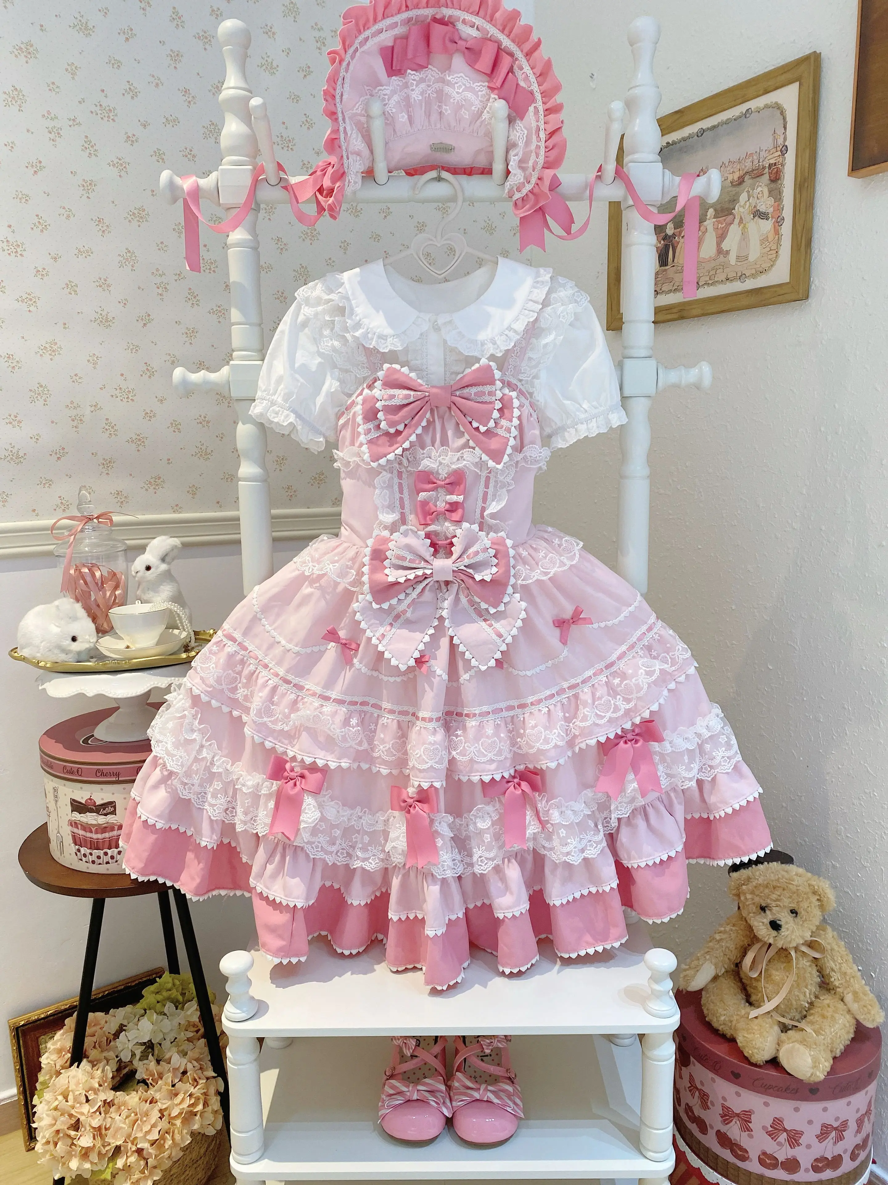 New 2025 Summer Original Sweet Lolita Jsk Dress Cute Bow Lace Stitching Kawaii Girls Women Elegant Slim Suspender Dresses