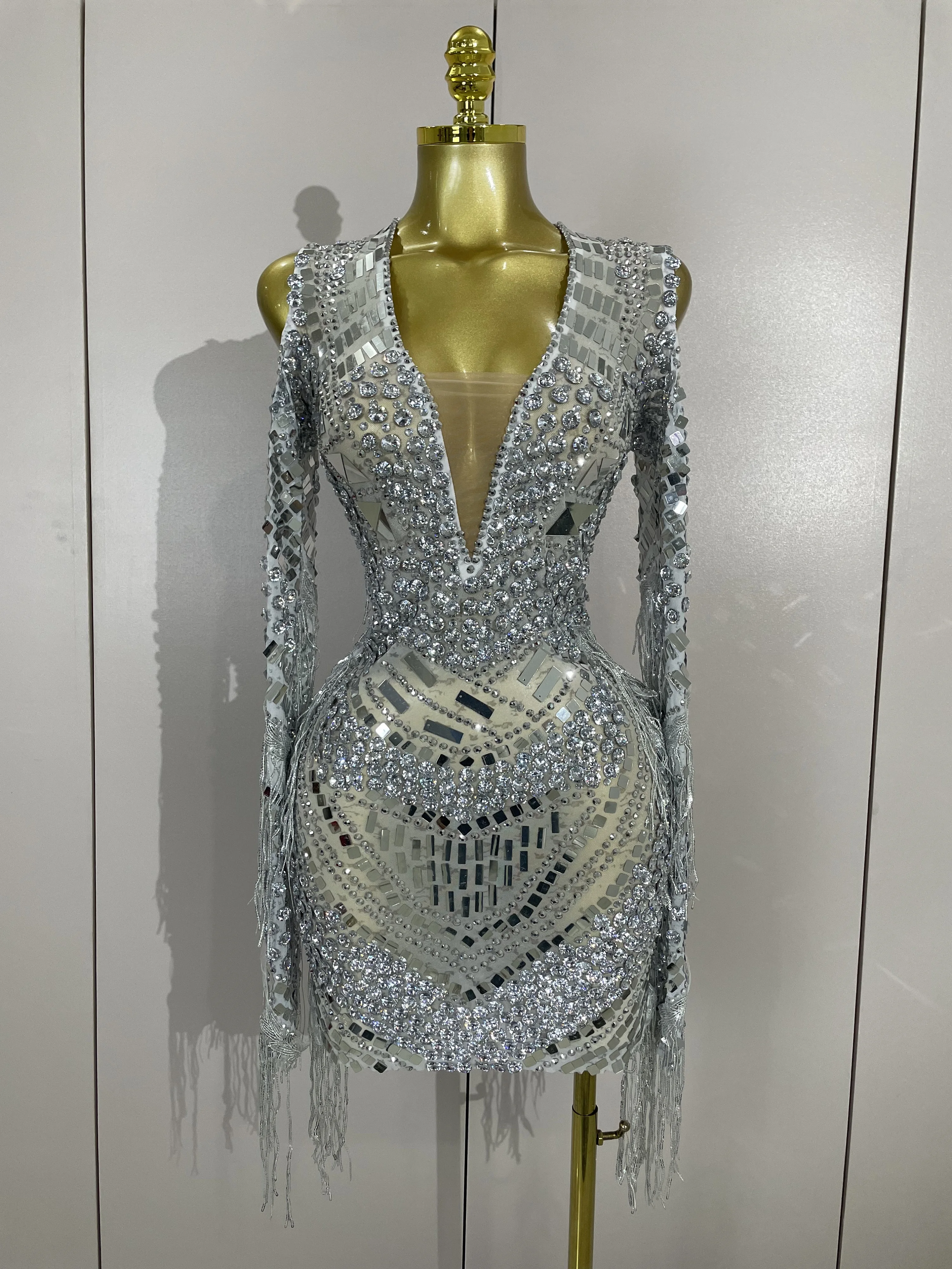 Luxury Birthday Sparkly Diamonds Sequin Tassels Long Sleeves Sheer Mini Dress Evening Party Sexy Mesh Nightclub Photo Shoot Wear
