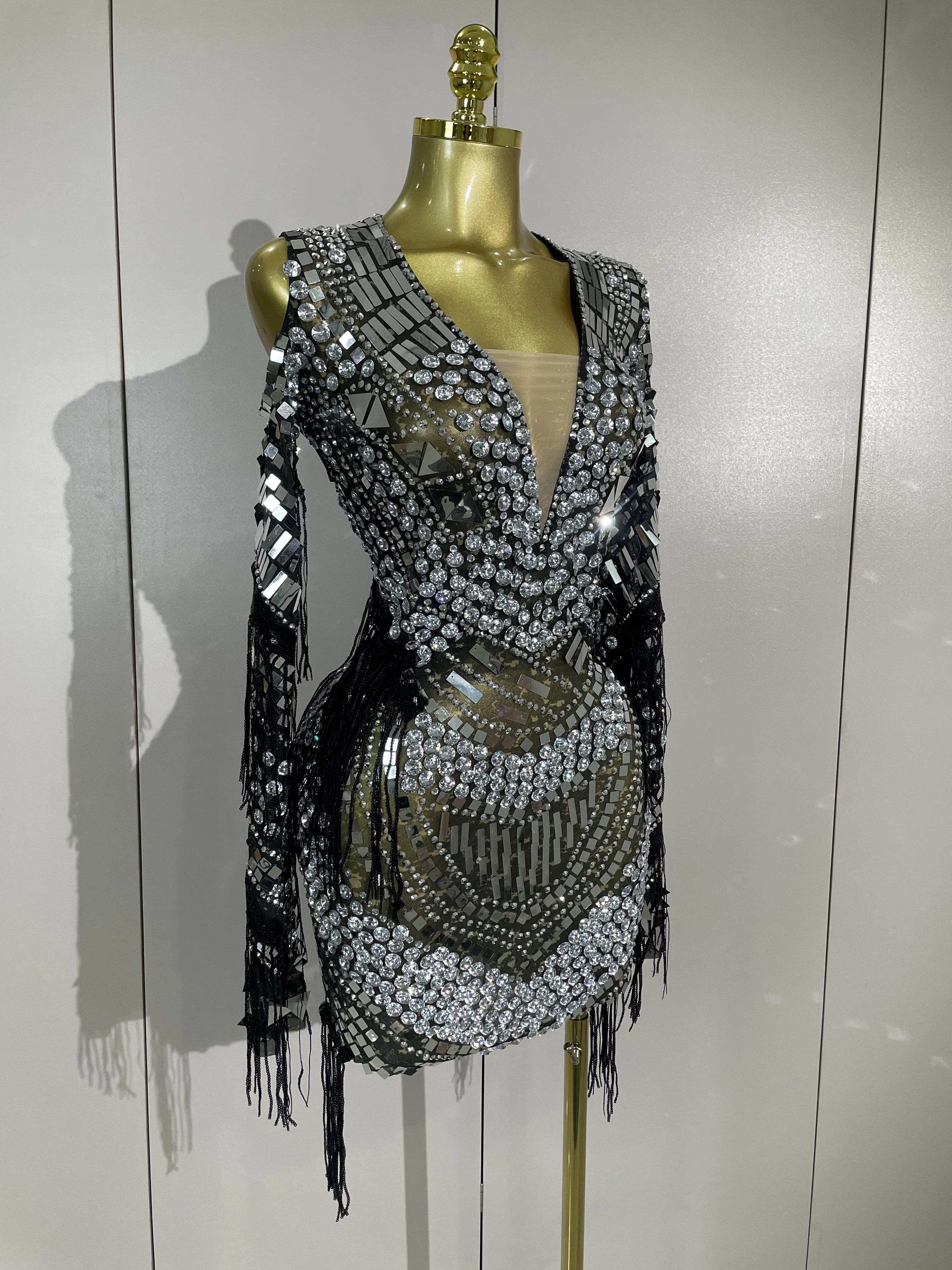 Luxury Birthday Sparkly Diamonds Sequin Tassels Long Sleeves Sheer Mini Dress Evening Party Sexy Mesh Nightclub Photo Shoot Wear