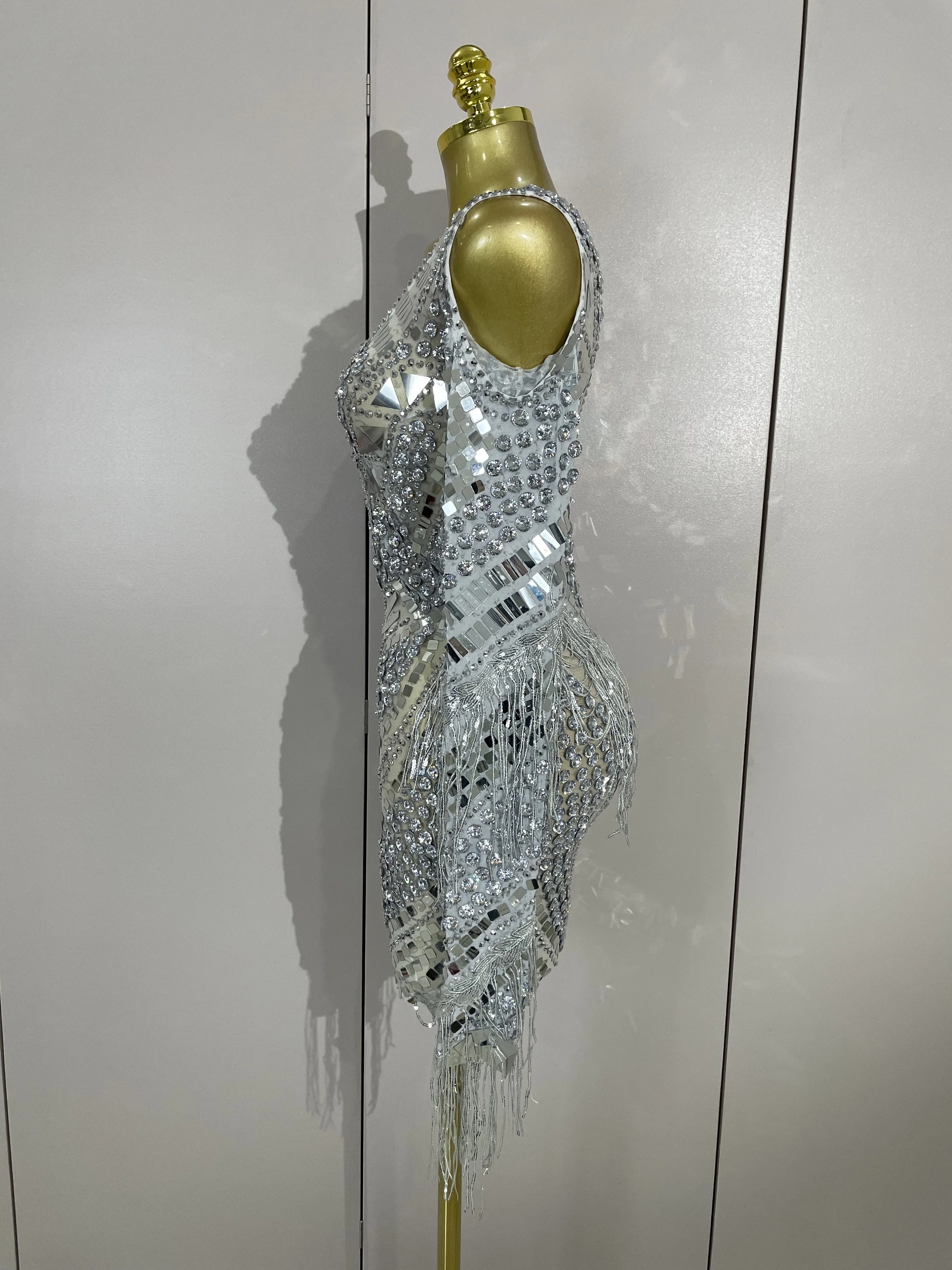 Luxury Birthday Sparkly Diamonds Sequin Tassels Long Sleeves Sheer Mini Dress Evening Party Sexy Mesh Nightclub Photo Shoot Wear