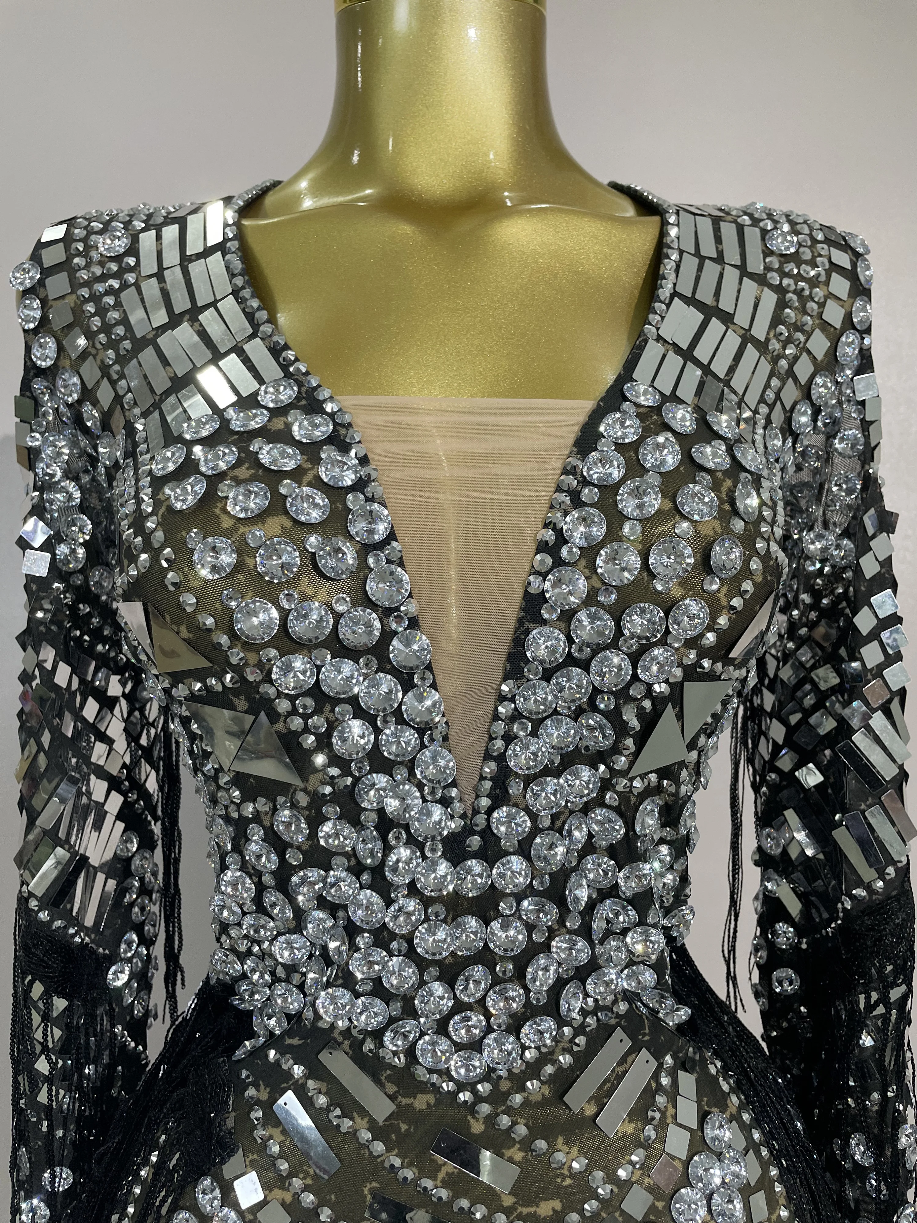 Luxury Birthday Sparkly Diamonds Sequin Tassels Long Sleeves Sheer Mini Dress Evening Party Sexy Mesh Nightclub Photo Shoot Wear