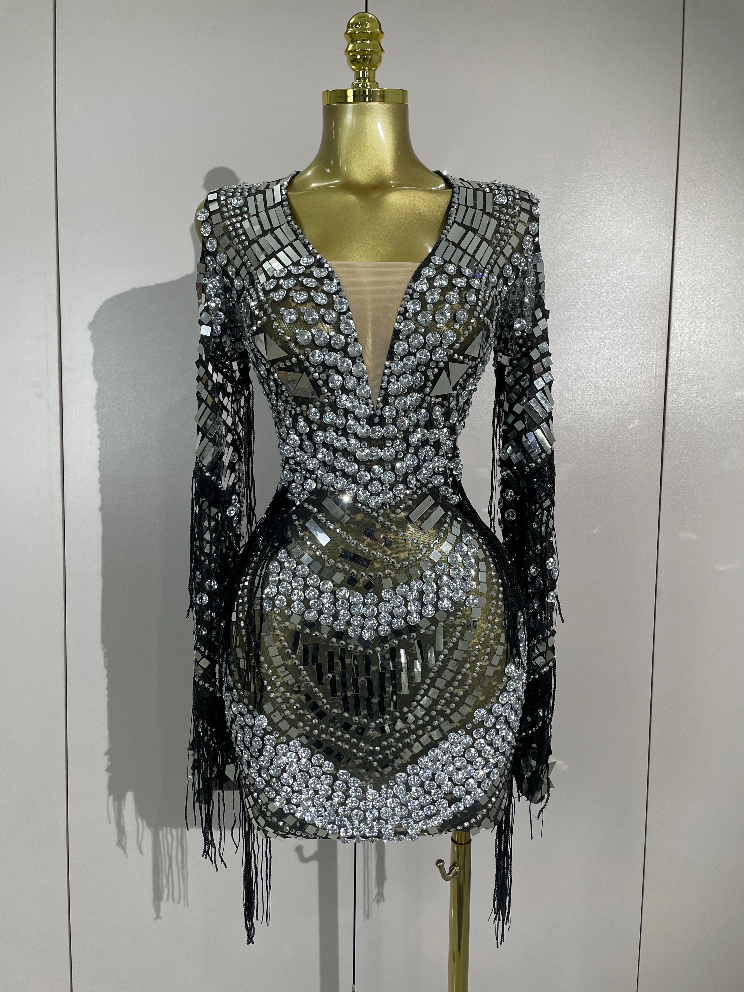 Luxury Birthday Sparkly Diamonds Sequin Tassels Long Sleeves Sheer Mini Dress Evening Party Sexy Mesh Nightclub Photo Shoot Wear