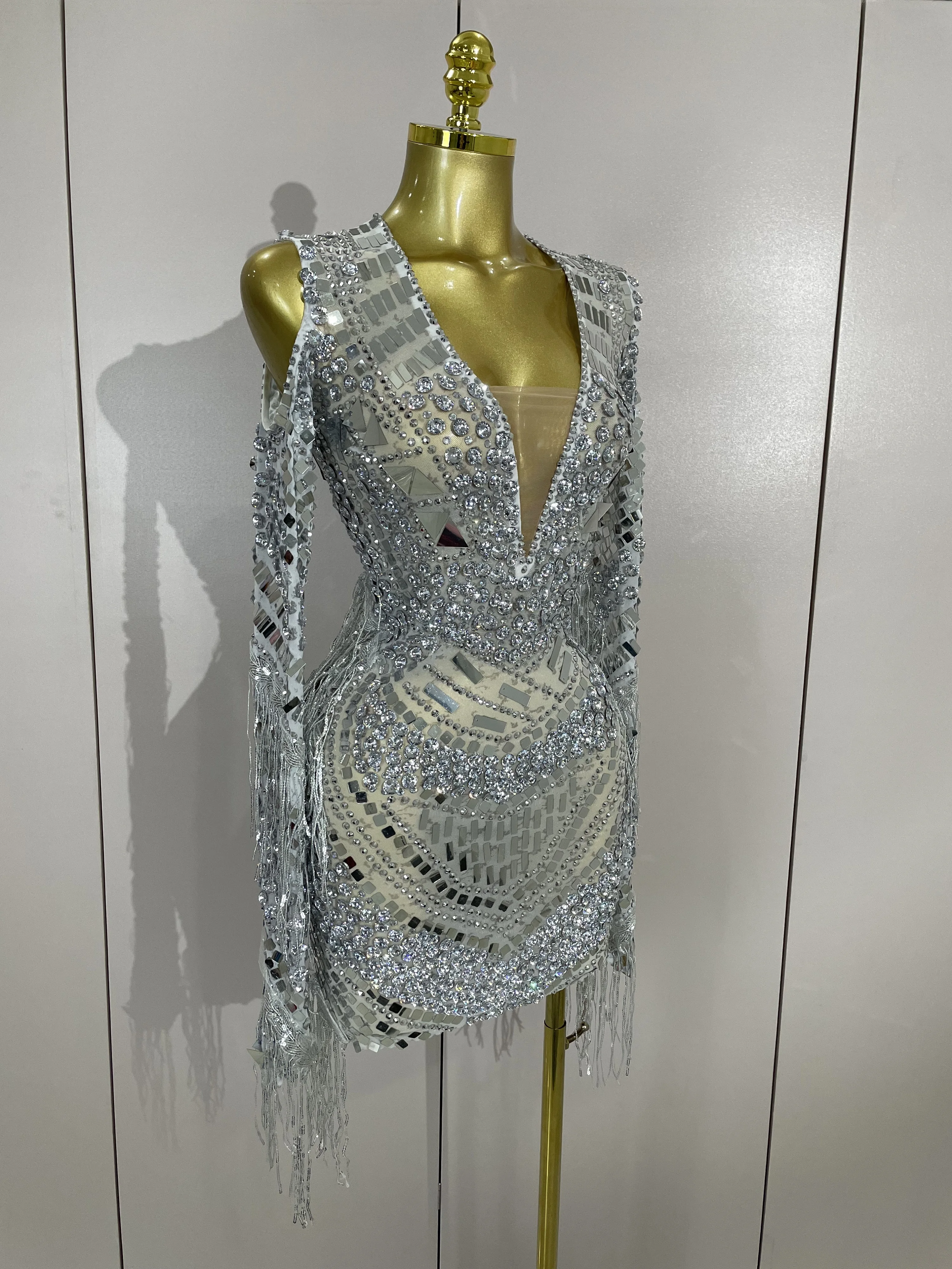 Luxury Birthday Sparkly Diamonds Sequin Tassels Long Sleeves Sheer Mini Dress Evening Party Sexy Mesh Nightclub Photo Shoot Wear