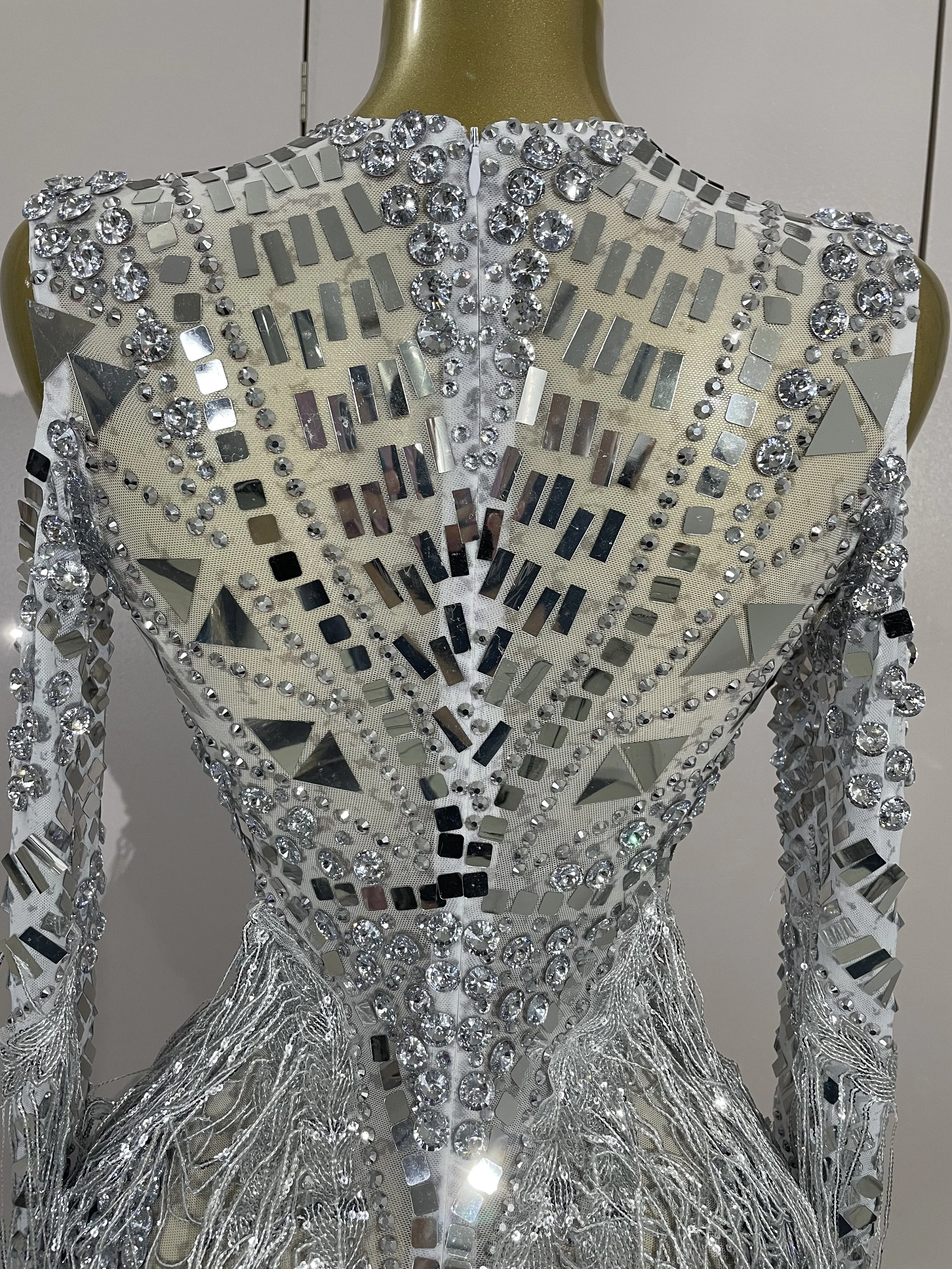 Luxury Birthday Sparkly Diamonds Sequin Tassels Long Sleeves Sheer Mini Dress Evening Party Sexy Mesh Nightclub Photo Shoot Wear