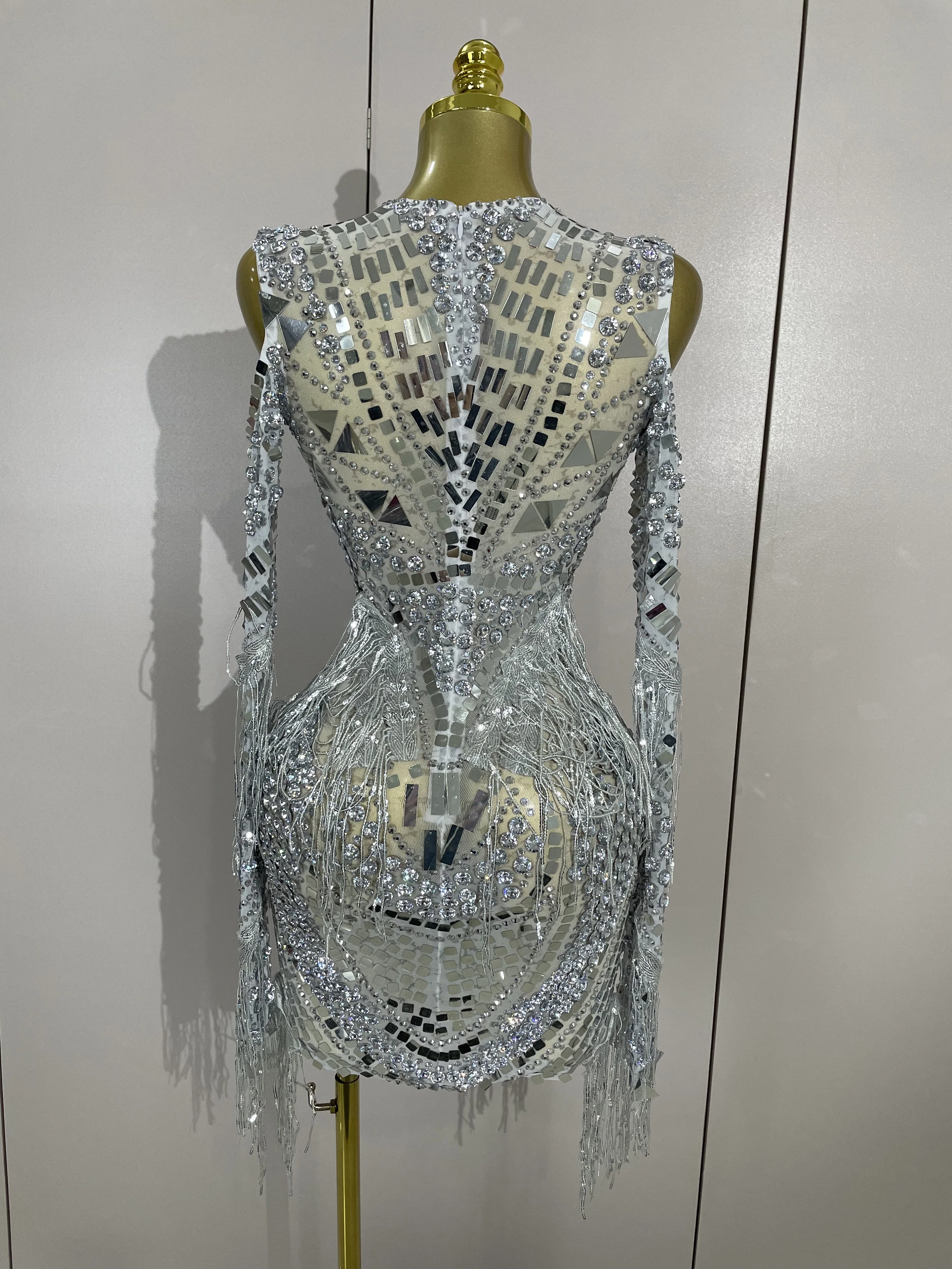 Luxury Birthday Sparkly Diamonds Sequin Tassels Long Sleeves Sheer Mini Dress Evening Party Sexy Mesh Nightclub Photo Shoot Wear
