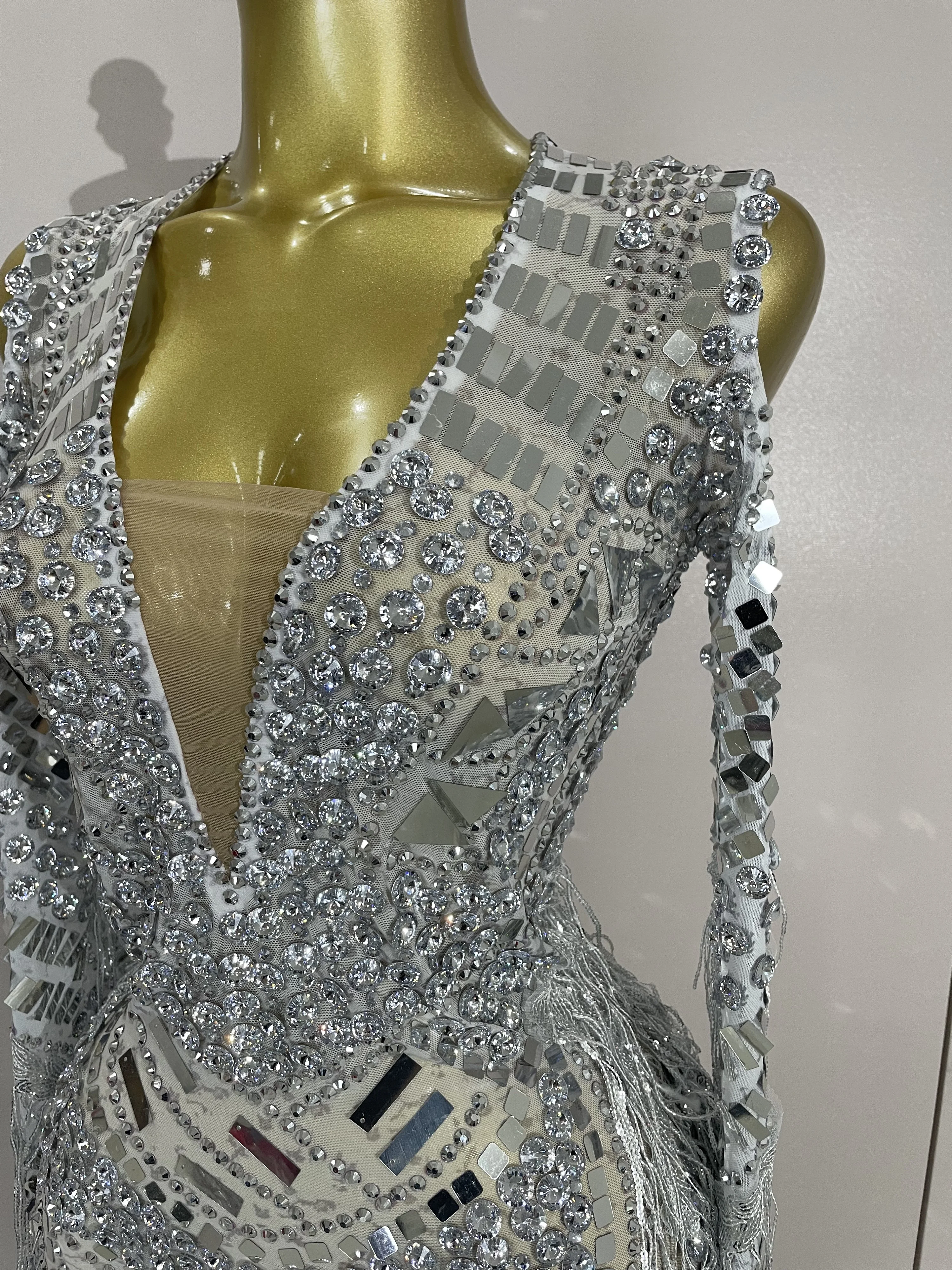 Luxury Birthday Sparkly Diamonds Sequin Tassels Long Sleeves Sheer Mini Dress Evening Party Sexy Mesh Nightclub Photo Shoot Wear