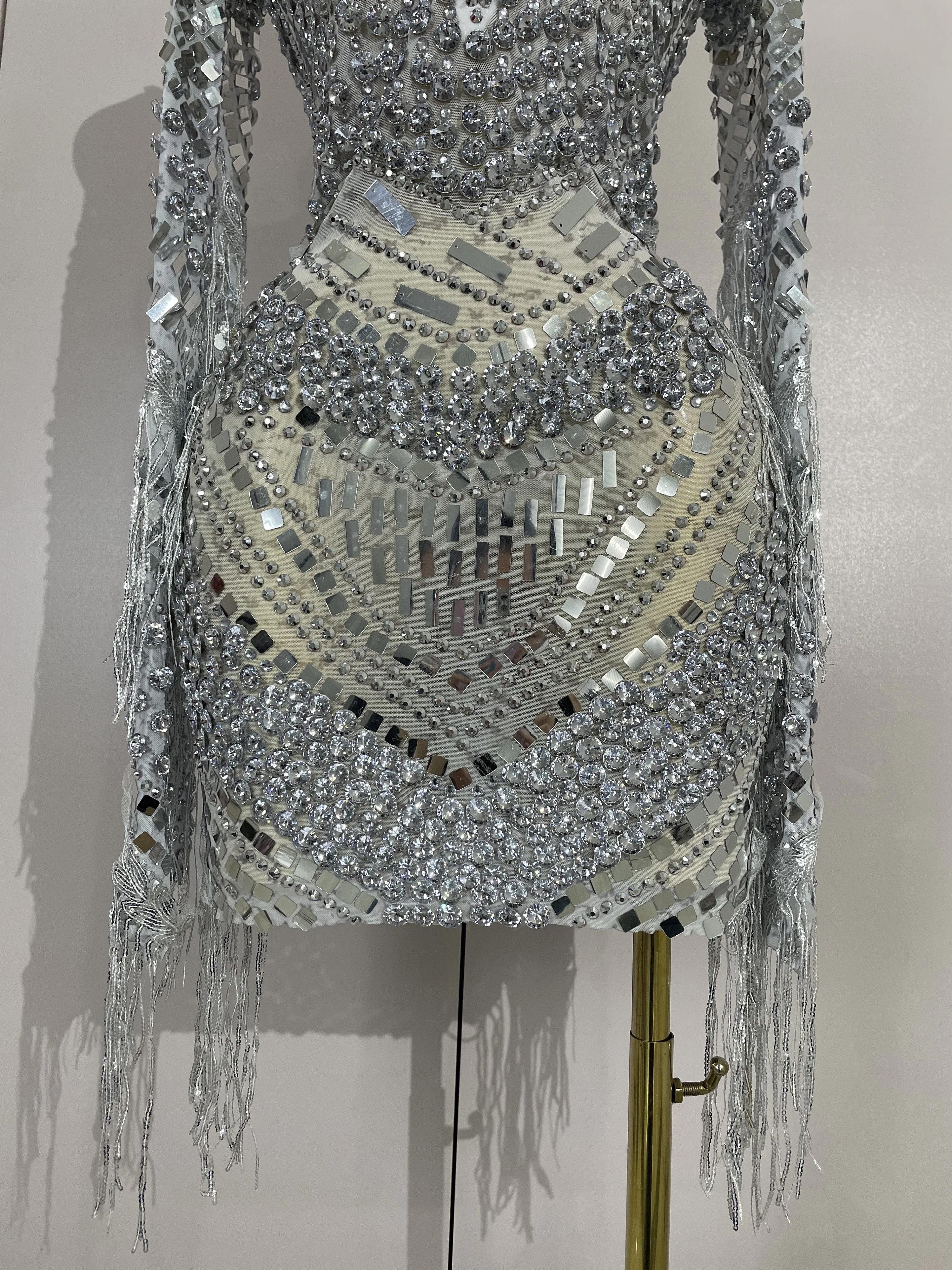 Luxury Birthday Sparkly Diamonds Sequin Tassels Long Sleeves Sheer Mini Dress Evening Party Sexy Mesh Nightclub Photo Shoot Wear