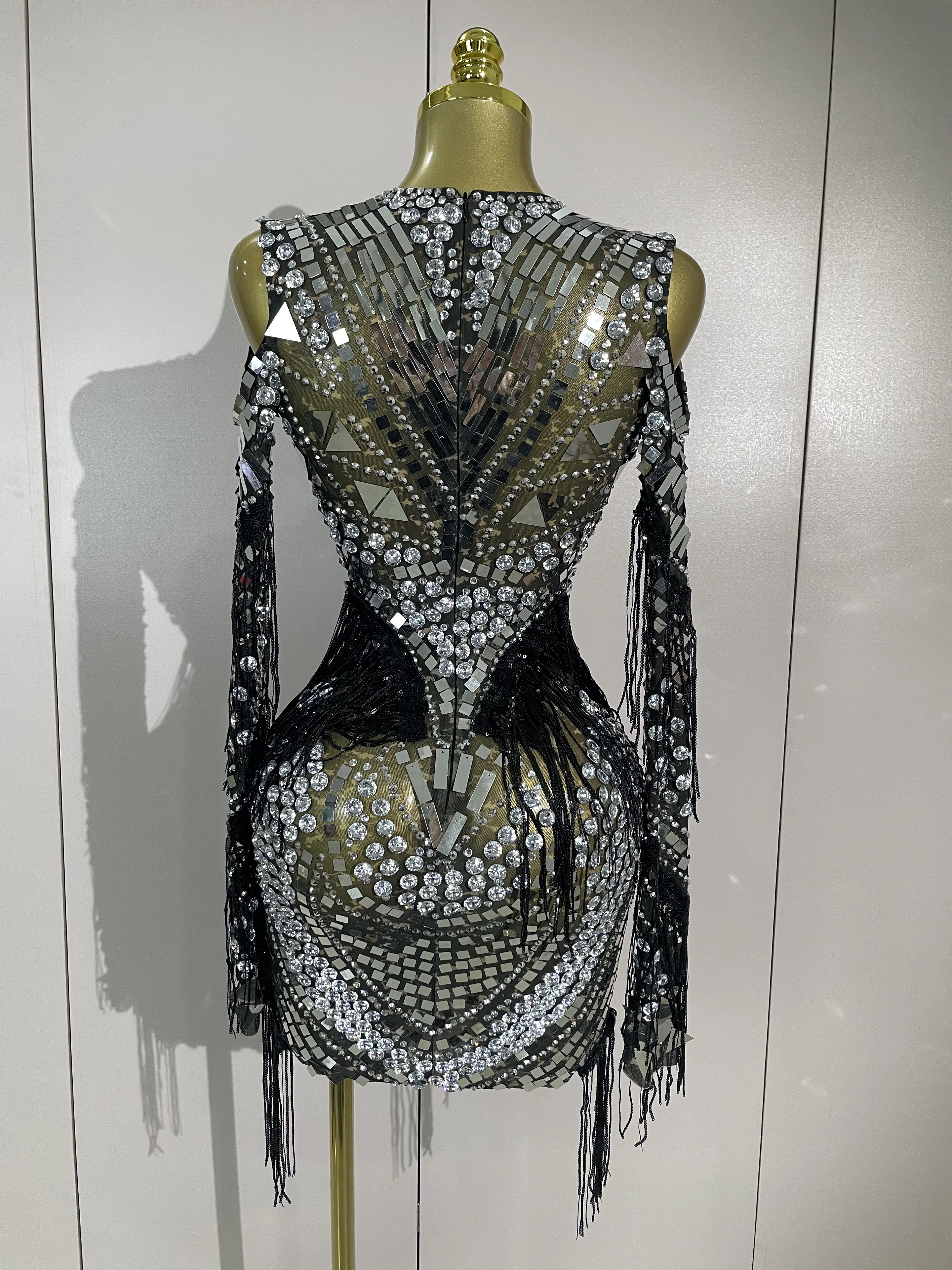 Luxury Birthday Sparkly Diamonds Sequin Tassels Long Sleeves Sheer Mini Dress Evening Party Sexy Mesh Nightclub Photo Shoot Wear
