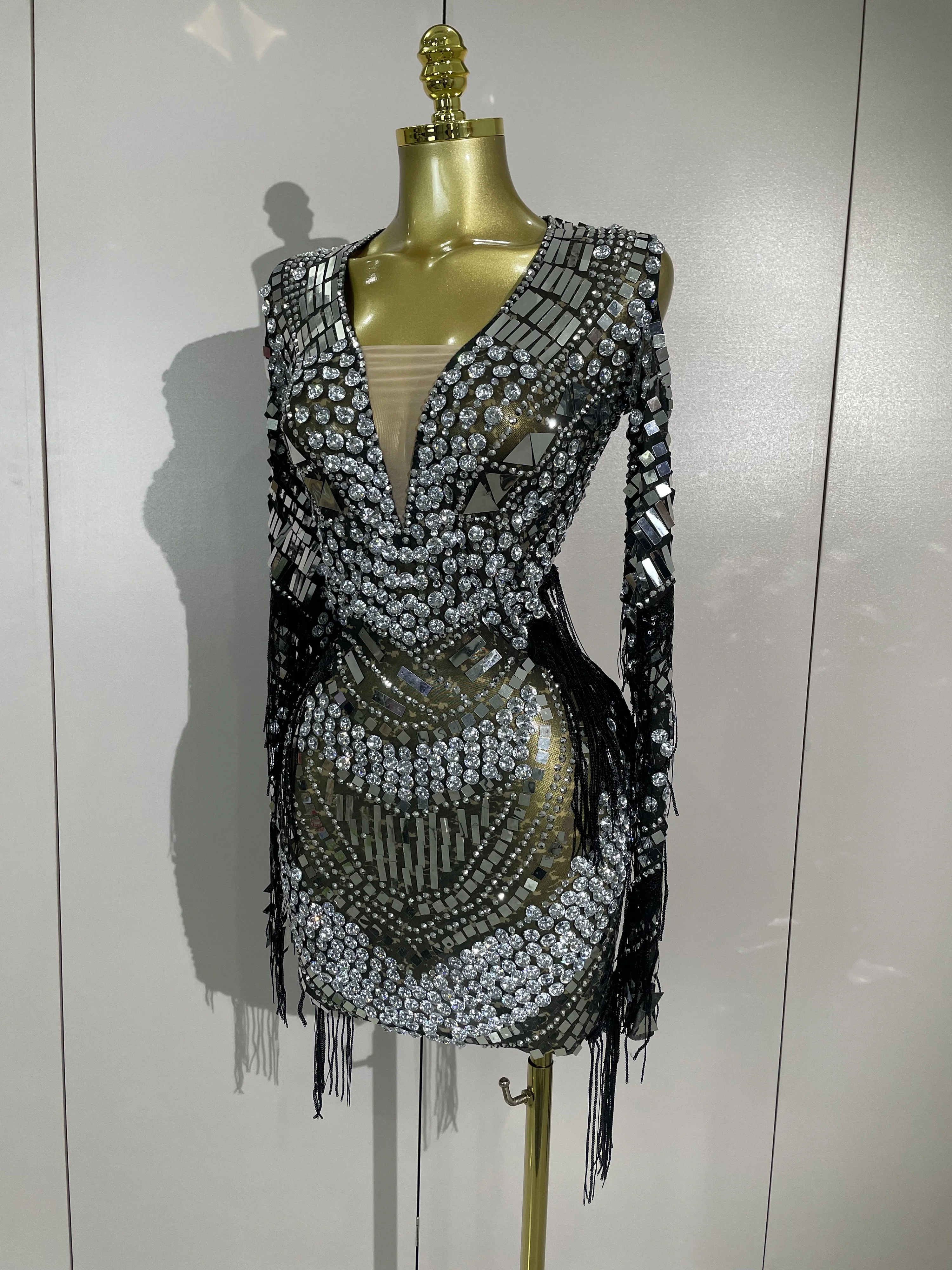 Luxury Birthday Sparkly Diamonds Sequin Tassels Long Sleeves Sheer Mini Dress Evening Party Sexy Mesh Nightclub Photo Shoot Wear
