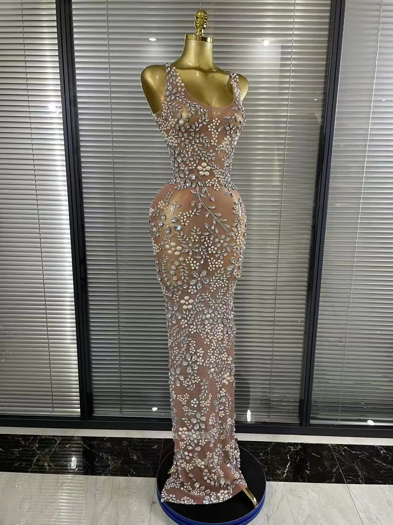 Sparkly Crystal Mesh See Through Women Sleeveless Sexy Bodycon Long Gowns Dress Evening Party Celebrate Birthday Outfit