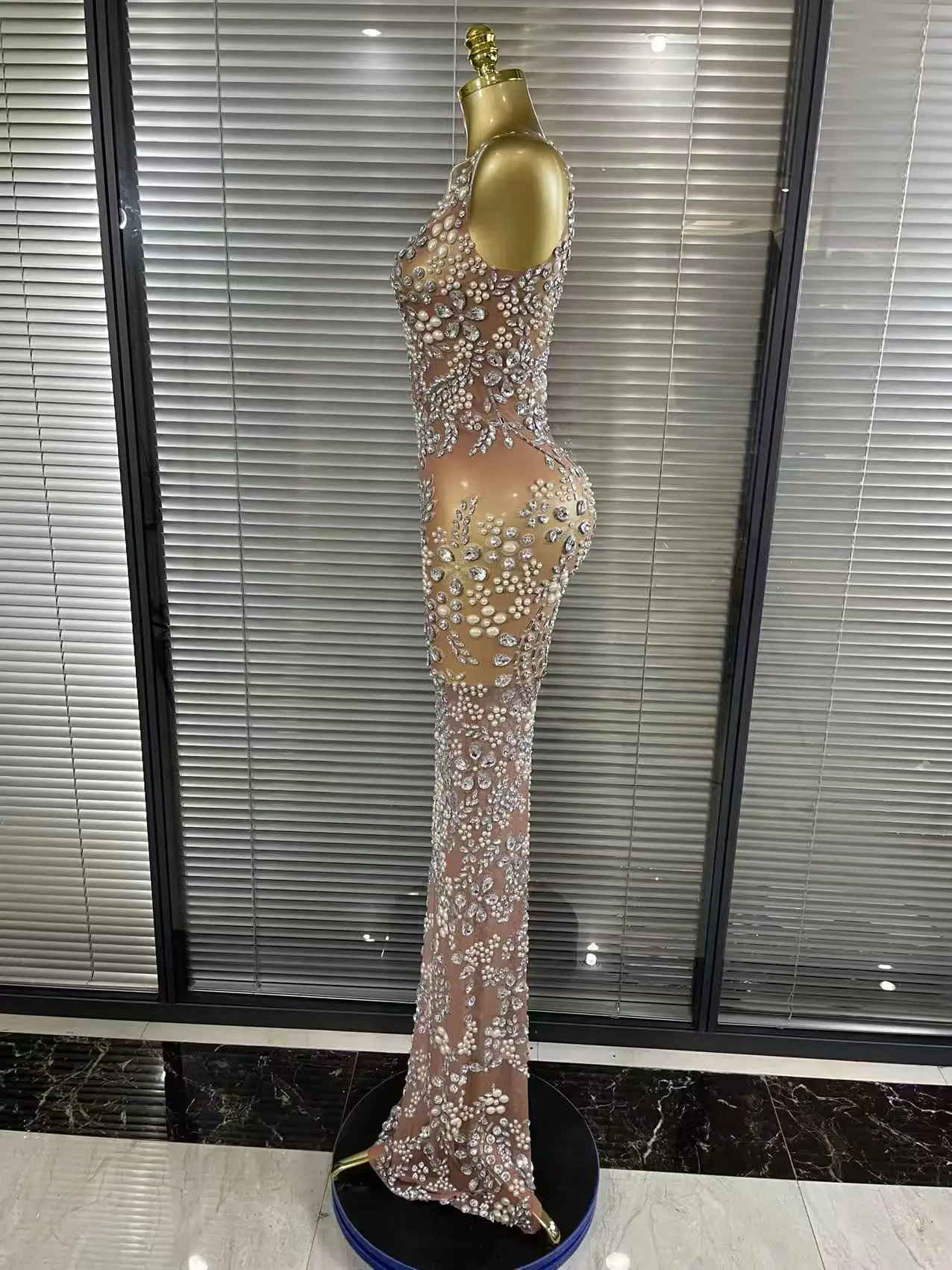 Sparkly Crystal Mesh See Through Women Sleeveless Sexy Bodycon Long Gowns Dress Evening Party Celebrate Birthday Outfit