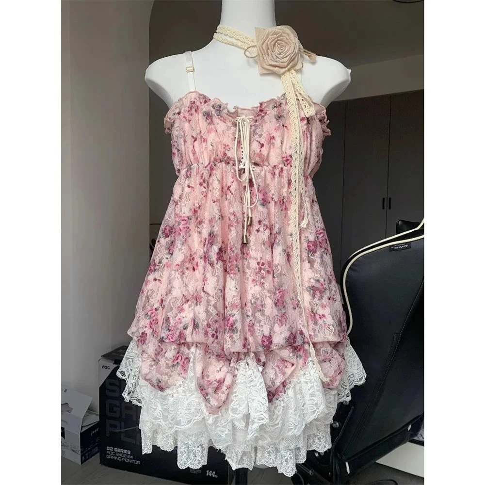 2000s Gothic Vintage Mini Dress Women Sleeveless Strap Party Dress Evening Lace Retro Cltohing Japanese Y2k Black Chic Lolita