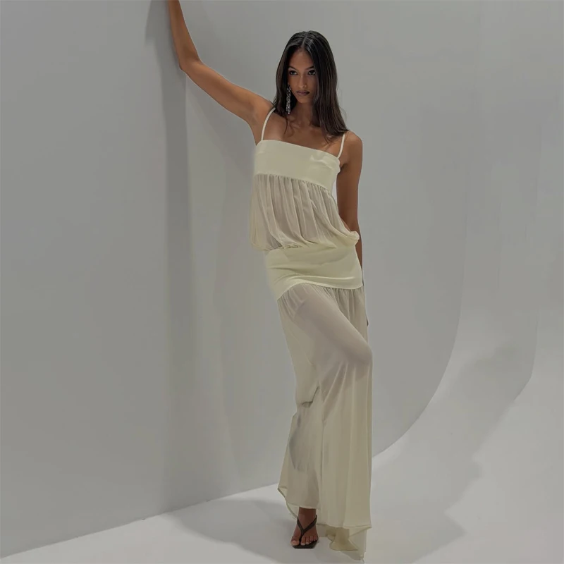 Spaghetti Strap Sexy Hollow Out Dress Women Elegant Sleeveless Backless Patchwork Bodycon Dress Vacation Beach Partywear 2026