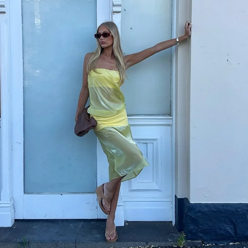 Spaghetti Strap Sexy Hollow Out Dress Women Elegant Sleeveless Backless Patchwork Bodycon Dress Vacation Beach Partywear 2026