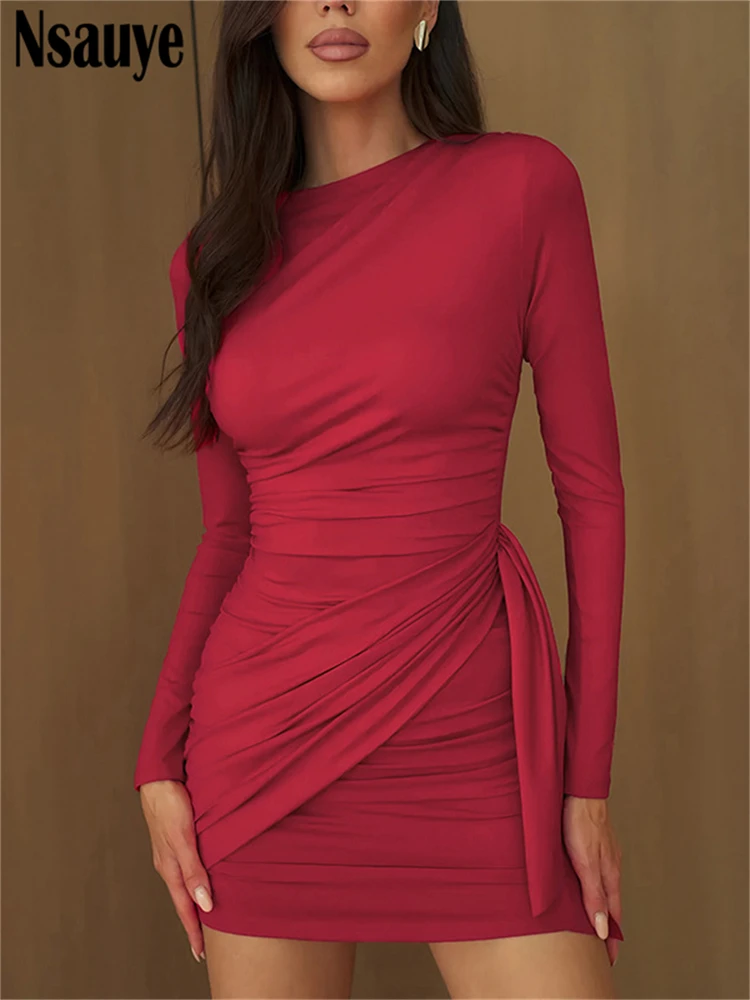 Nsauye New Fashion Women Short Wrap High Waisted Mini Winter Dress 2025 Outfits Sexy Night Club Party Evening Long Sleeve Dress