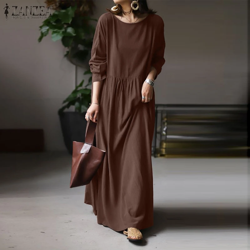 Autumn Women Sundress ZANZEA 2023 Vintage Solid Dresses Female Cotton Robe Casual Long Sleeve Pleated Maxi Vestidos Kaftan