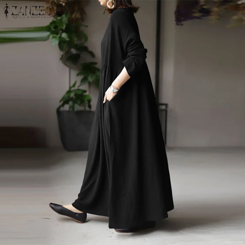 Autumn Women Sundress ZANZEA 2023 Vintage Solid Dresses Female Cotton Robe Casual Long Sleeve Pleated Maxi Vestidos Kaftan