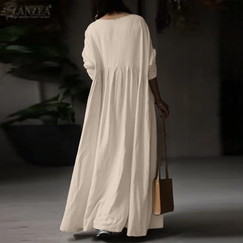 Autumn Women Sundress ZANZEA 2023 Vintage Solid Dresses Female Cotton Robe Casual Long Sleeve Pleated Maxi Vestidos Kaftan