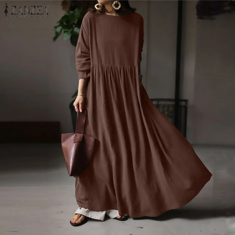 Autumn Women Sundress ZANZEA 2023 Vintage Solid Dresses Female Cotton Robe Casual Long Sleeve Pleated Maxi Vestidos Kaftan