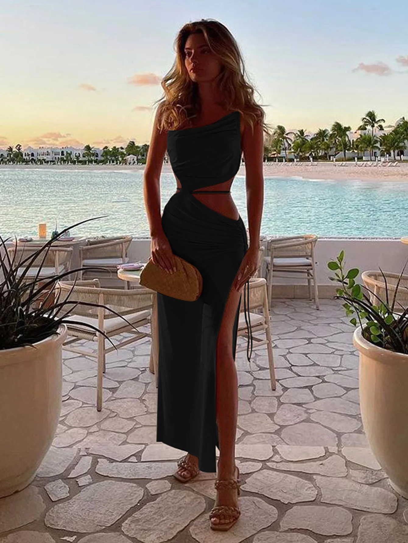 Retro Sexy Pleated Oblique Shoulder Hollow Out Irregular Long Dress Women New Cut Out Backless Tie Up Slip Dress Beach Party