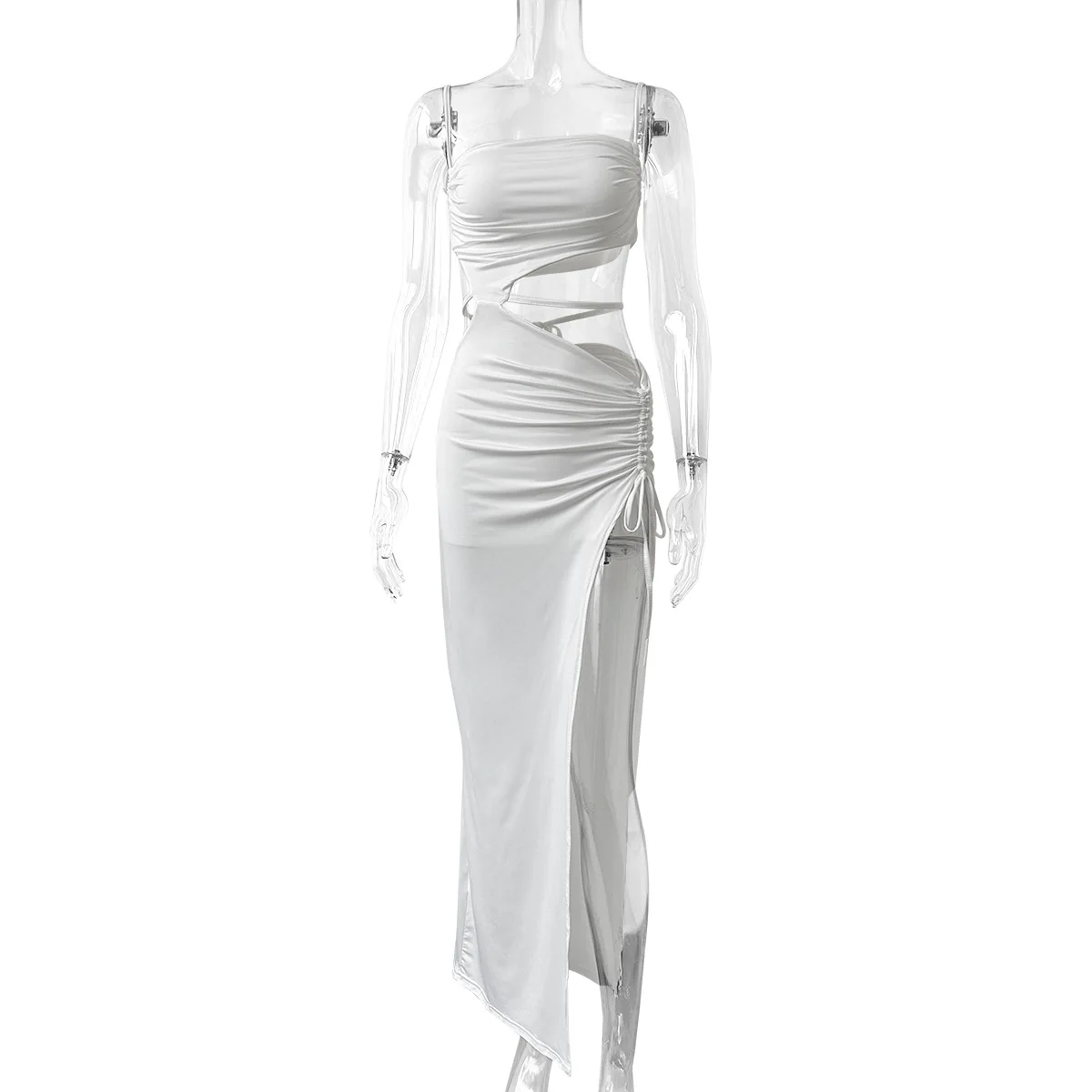 Retro Sexy Pleated Oblique Shoulder Hollow Out Irregular Long Dress Women New Cut Out Backless Tie Up Slip Dress Beach Party