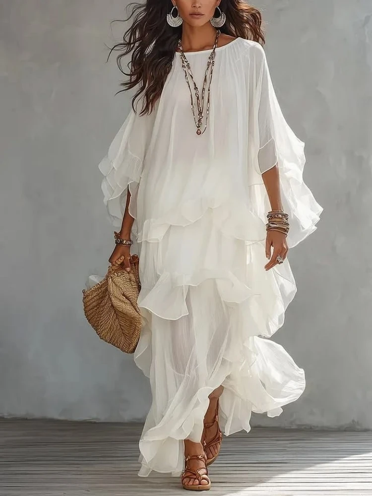 Vintage Flowy Solid Dress Women Round Neck See Through Batwing Sleeve Ruffle Hem Loose Dress New Casual Beach Holiday Maxi Dress