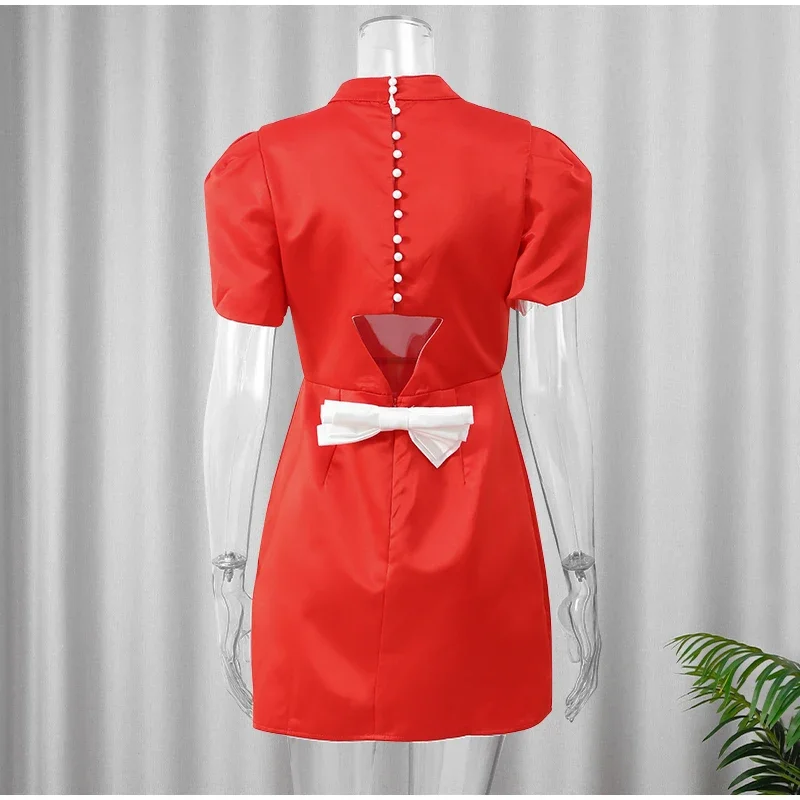 Fashion Back Single Breasted Hollow Out Bow Mini Dress Elegant Solid High Waist A Line Short Dresses 2024 New Lady Party Gowns