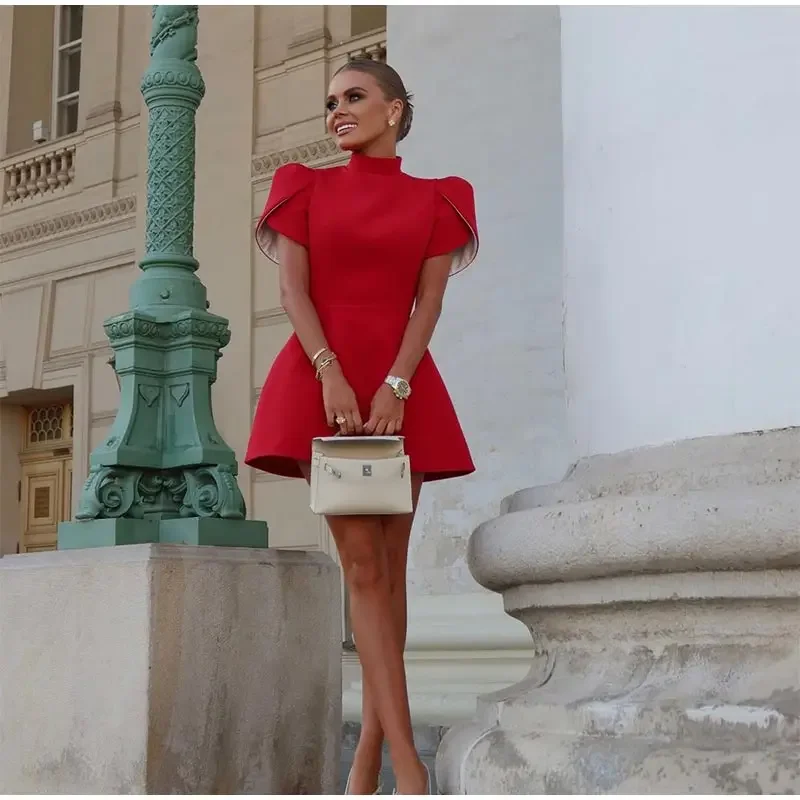 Fashion Back Single Breasted Hollow Out Bow Mini Dress Elegant Solid High Waist A Line Short Dresses 2024 New Lady Party Gowns