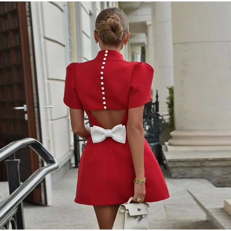 Fashion Back Single Breasted Hollow Out Bow Mini Dress Elegant Solid High Waist A Line Short Dresses 2024 New Lady Party Gowns