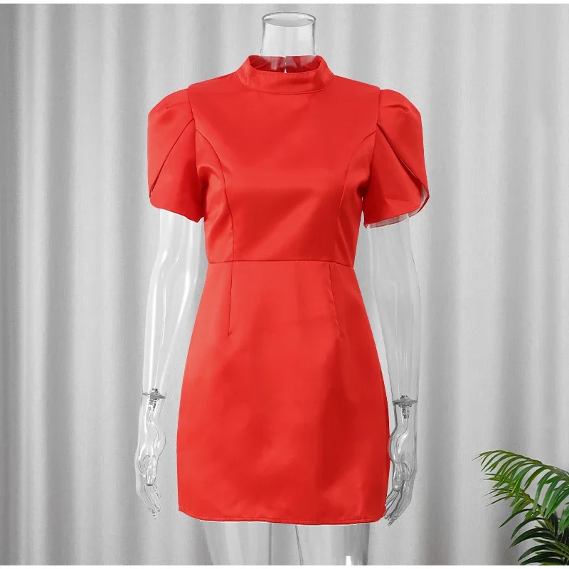 Fashion Back Single Breasted Hollow Out Bow Mini Dress Elegant Solid High Waist A Line Short Dresses 2024 New Lady Party Gowns