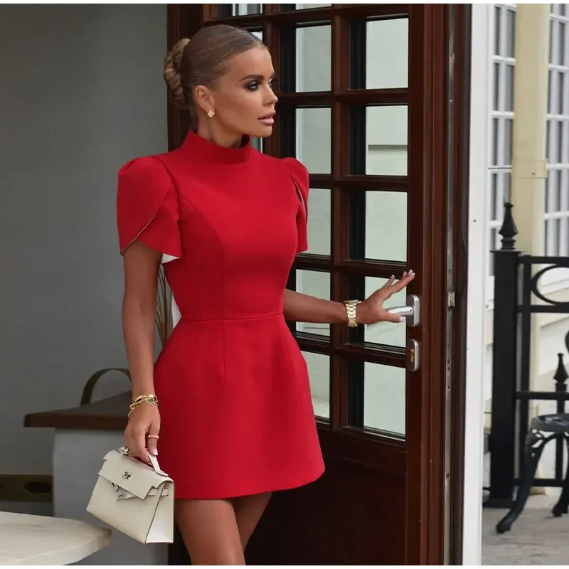 Fashion Back Single Breasted Hollow Out Bow Mini Dress Elegant Solid High Waist A Line Short Dresses 2024 New Lady Party Gowns