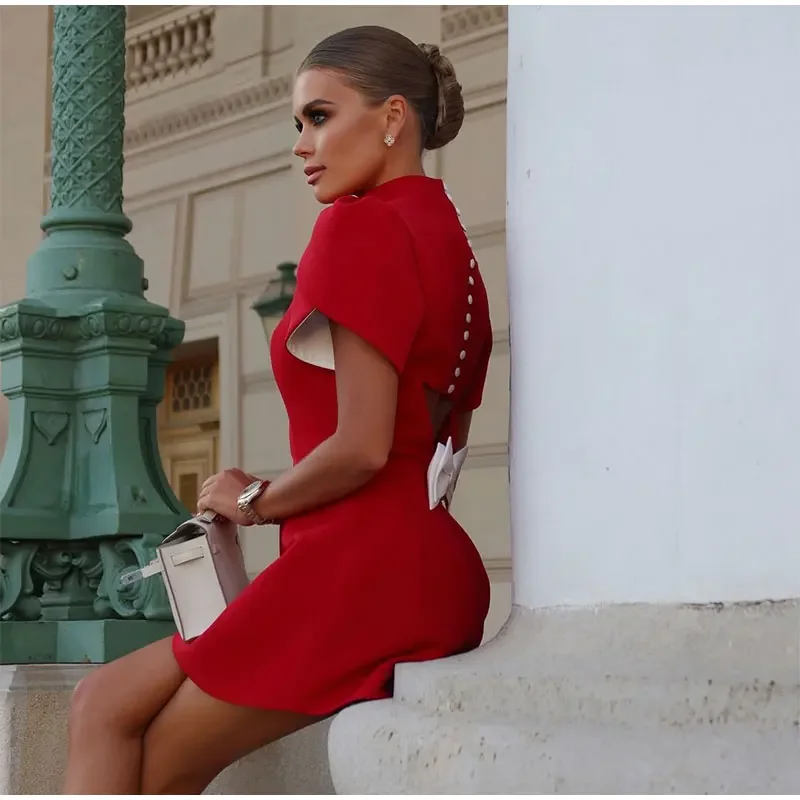 Fashion Back Single Breasted Hollow Out Bow Mini Dress Elegant Solid High Waist A Line Short Dresses 2024 New Lady Party Gowns
