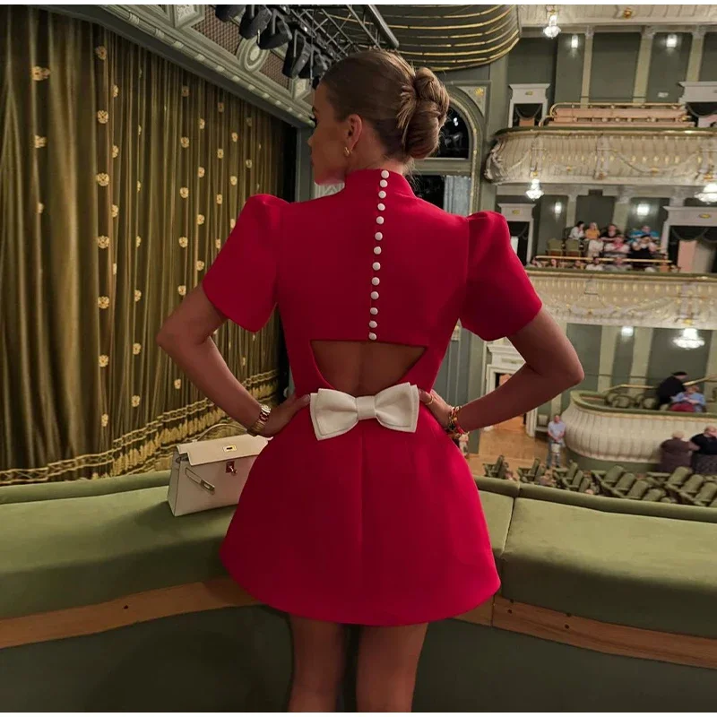 Fashion Back Single Breasted Hollow Out Bow Mini Dress Elegant Solid High Waist A Line Short Dresses 2024 New Lady Party Gowns