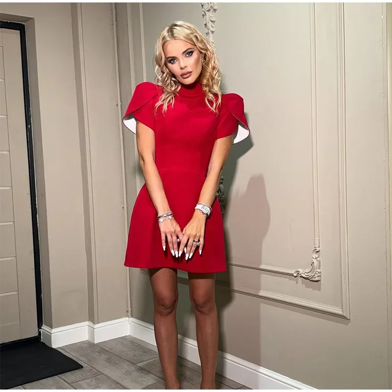 Fashion Back Single Breasted Hollow Out Bow Mini Dress Elegant Solid High Waist A Line Short Dresses 2024 New Lady Party Gowns