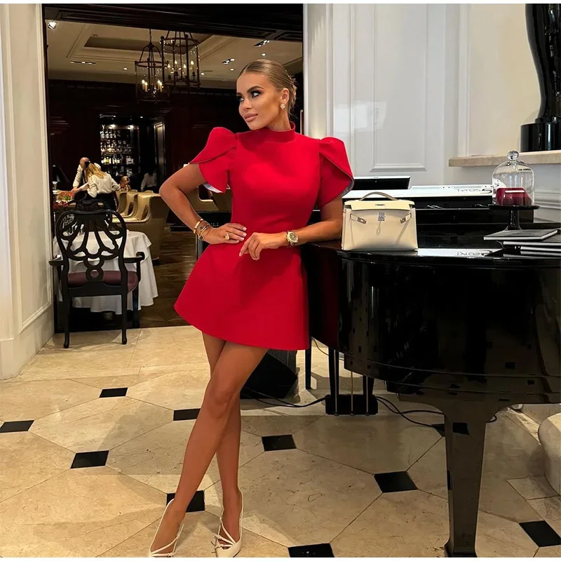 Fashion Back Single Breasted Hollow Out Bow Mini Dress Elegant Solid High Waist A Line Short Dresses 2024 New Lady Party Gowns