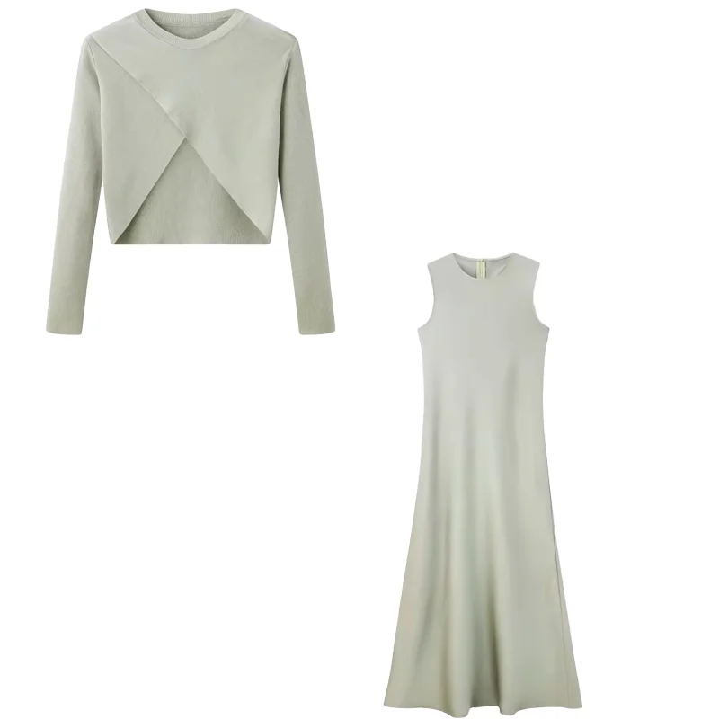 Summer Women Fashion Long Dress Elegance Soft Silk Satin Vest Dress Knitted Top Match Set Maxi Length Woman Chic Dress Set