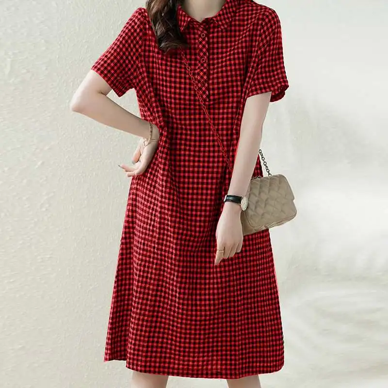 ZANZEA Women Plaid Long Shirt Dress 2024 Summer Short Sleeve Midi Dress Fashion Office Lapel Neck Robe Casual Loose Lady Vestido