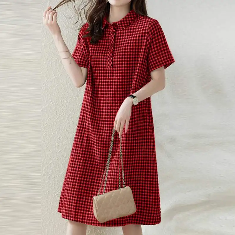 ZANZEA Women Plaid Long Shirt Dress 2024 Summer Short Sleeve Midi Dress Fashion Office Lapel Neck Robe Casual Loose Lady Vestido