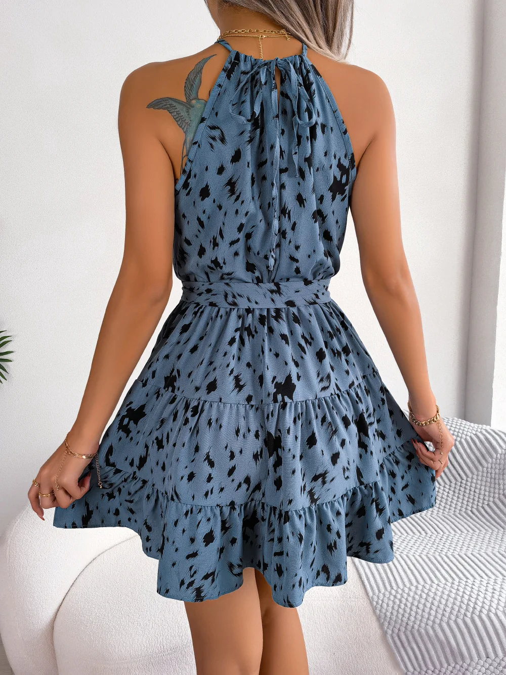 Women Casual Leopard Print Sleeveless Ruffles Sexy Bandage Halter Dress Summer Holiday Beach A-Line Short Dress Sundress 2025