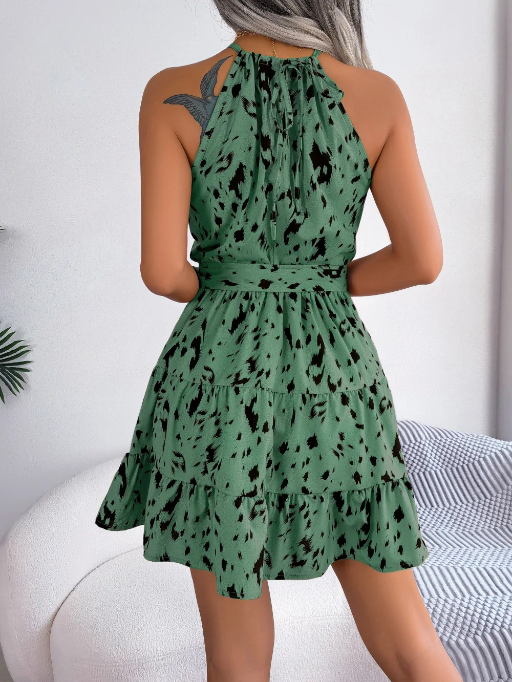 Women Casual Leopard Print Sleeveless Ruffles Sexy Bandage Halter Dress Summer Holiday Beach A-Line Short Dress Sundress 2025
