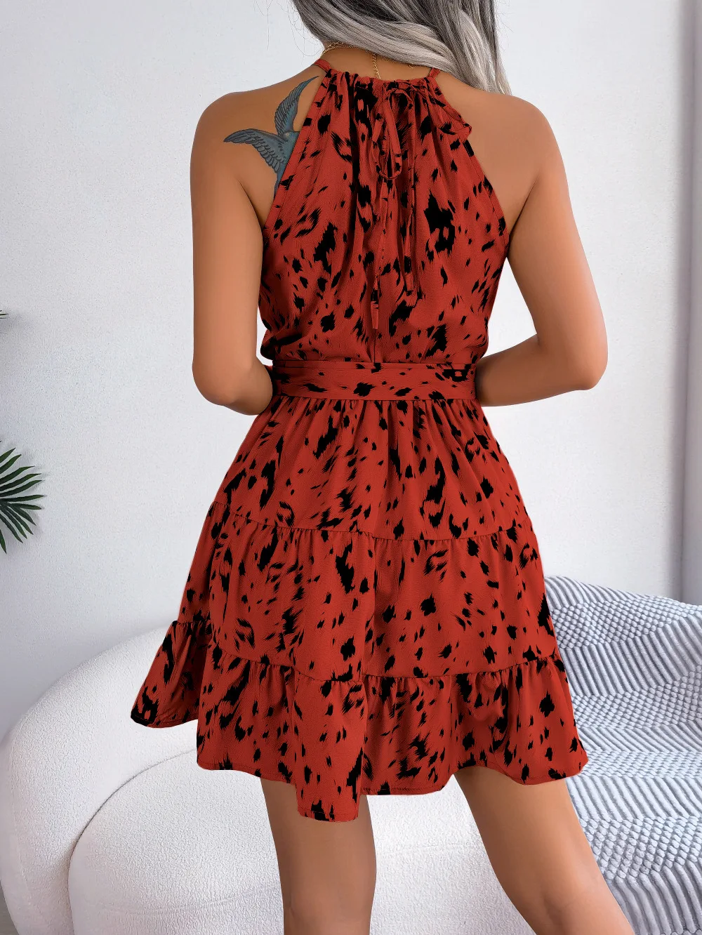 Women Casual Leopard Print Sleeveless Ruffles Sexy Bandage Halter Dress Summer Holiday Beach A-Line Short Dress Sundress 2025