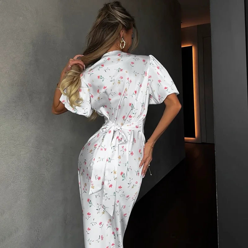 Ticketsx Elegant Women's Print Dress Summer Fashion Ruched Patchwork Lace Up Slim Long Dress Vintage Party Vacation Female Dress