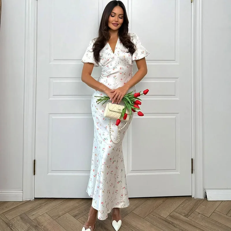 Ticketsx Elegant Women's Print Dress Summer Fashion Ruched Patchwork Lace Up Slim Long Dress Vintage Party Vacation Female Dress